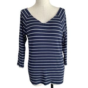 Chaps Large Shirt 3/4 Sleeve Striped Navy Blue‎ White Womens V-Neck Ribbed Top